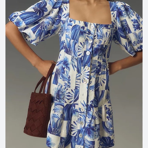 Caroline Constas white blue linen blend Garden tile Farm mini dress Sz 6 Party - Picture 4 of 15